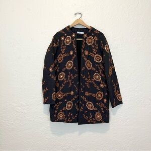 Mango Quilted Jacket Black Embroidered Sequin Floral Boho M Medium